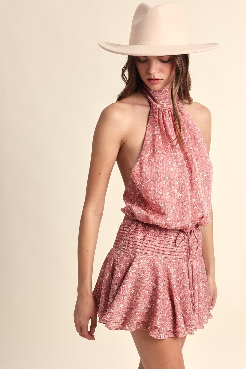 Fashion Halter Pink Floral Print Tie-Up Open Back Ruffle Mini Dress