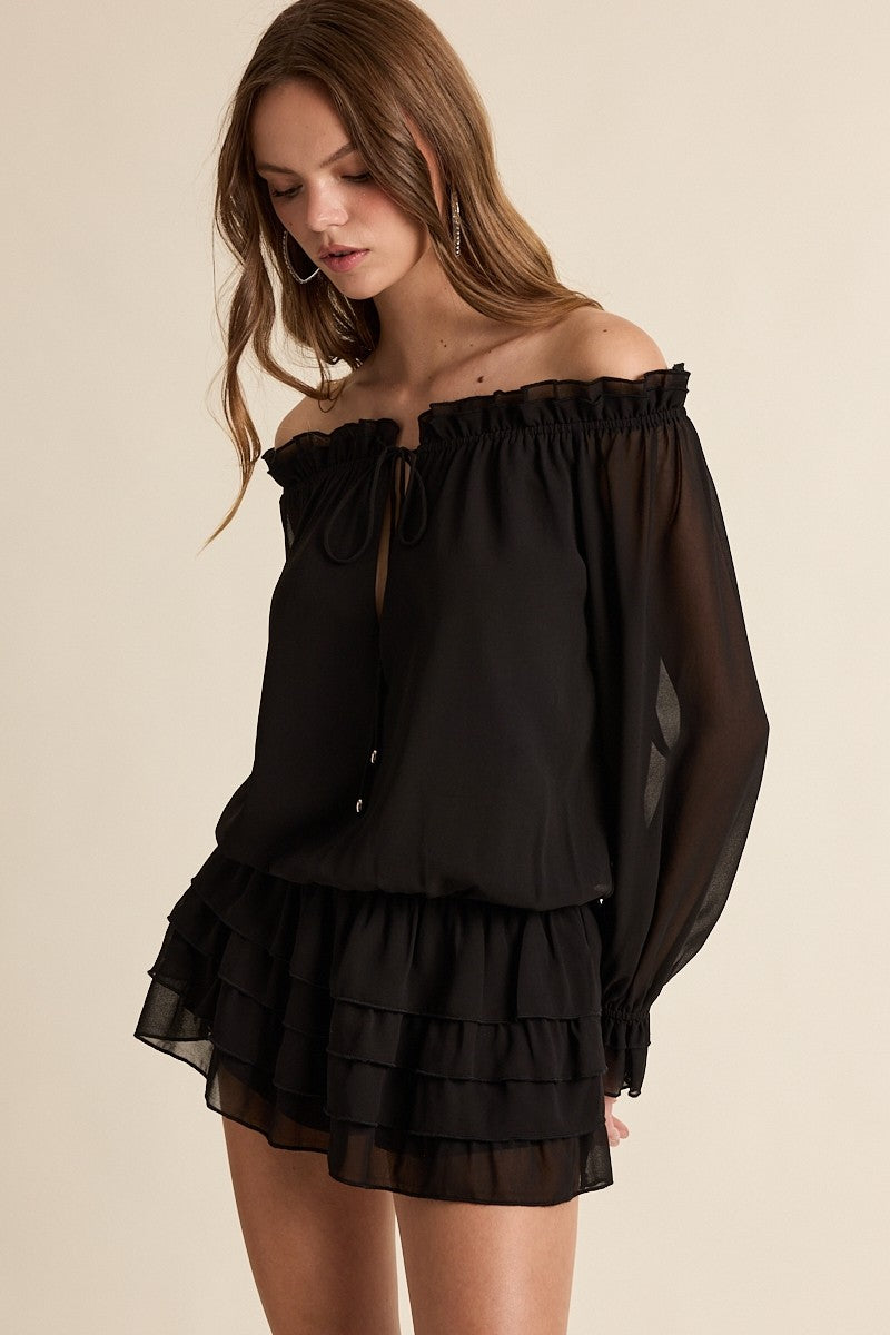 Fashion Black Off Shoulder Front Tie-Up Tiered Ruffle Layered Mini Dress with Long Sleeve