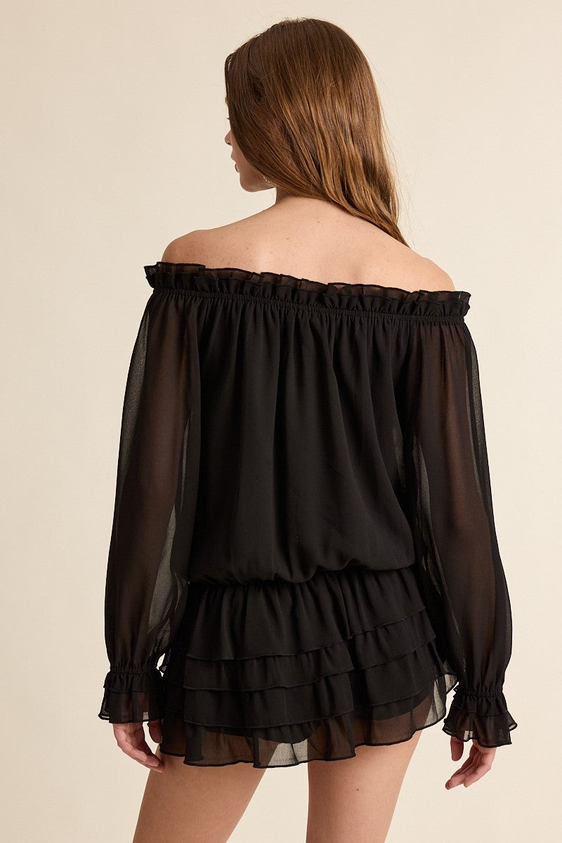 Fashion Black Off Shoulder Front Tie-Up Tiered Ruffle Layered Mini Dress with Long Sleeve