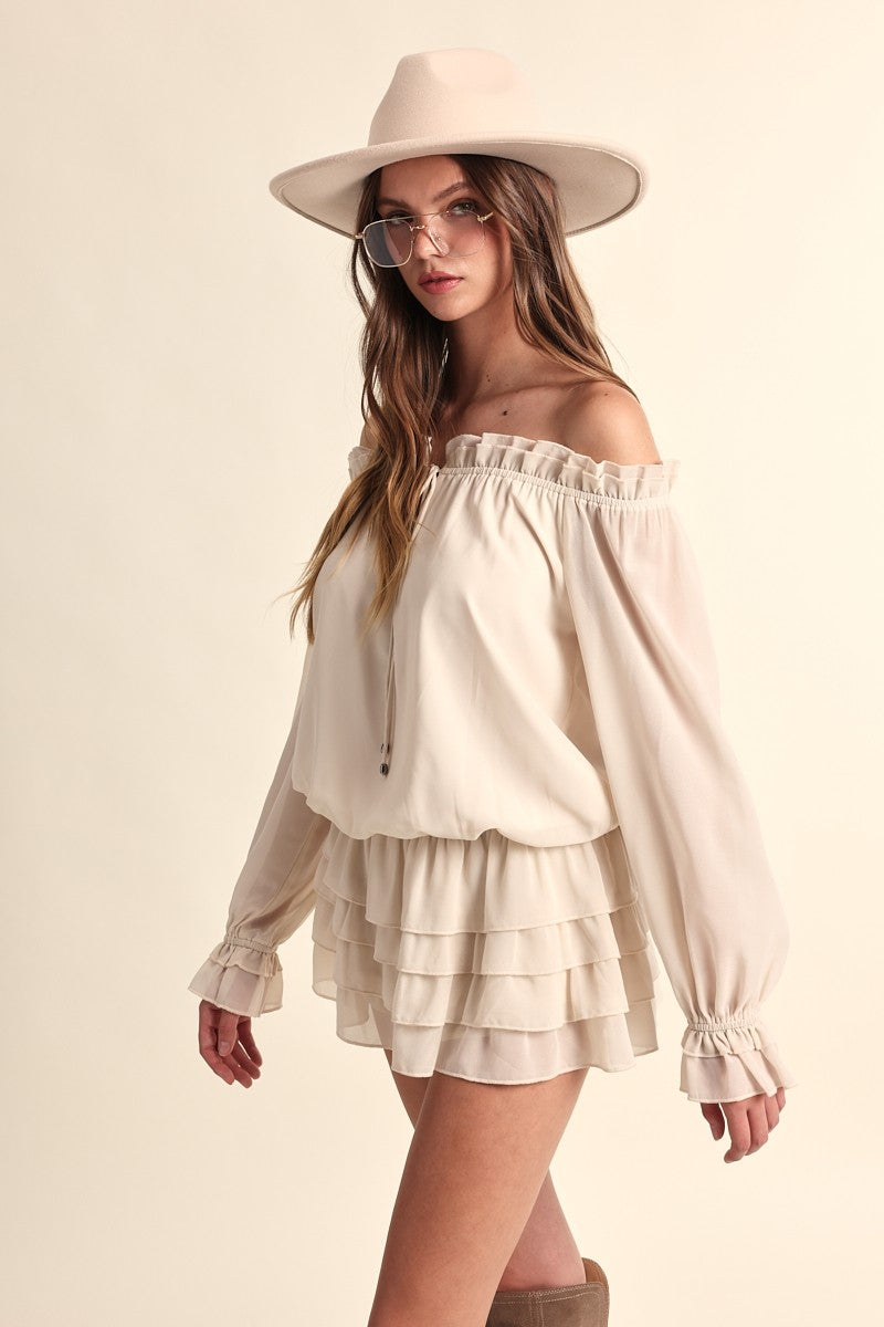 Fashion Ivory Off Shoulder Front Tie-Up Tiered Ruffle Layered Mini Dress with Long Sleeve