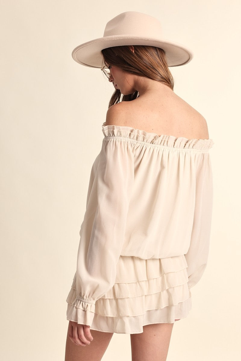 Fashion Ivory Off Shoulder Front Tie-Up Tiered Ruffle Layered Mini Dress with Long Sleeve