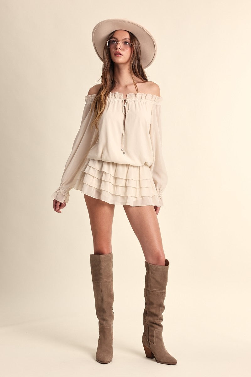 Fashion Ivory Off Shoulder Front Tie-Up Tiered Ruffle Layered Mini Dress with Long Sleeve