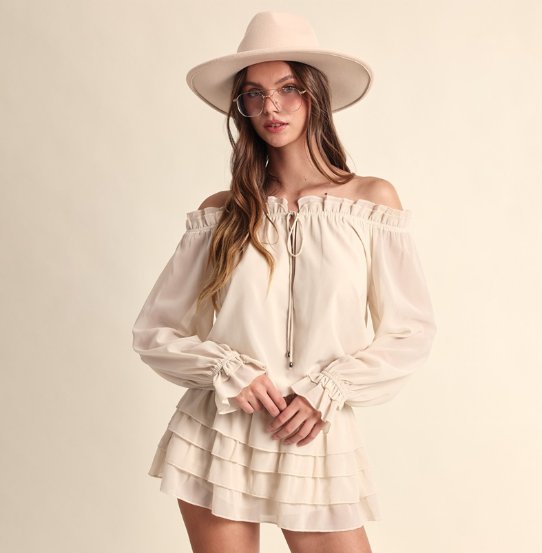 Fashion Ivory Off Shoulder Front Tie-Up Tiered Ruffle Layered Mini Dress with Long Sleeve