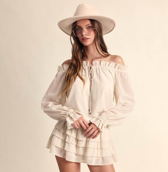 Fashion Ivory Off Shoulder Front Tie-Up Tiered Ruffle Layered Mini Dress with Long Sleeve