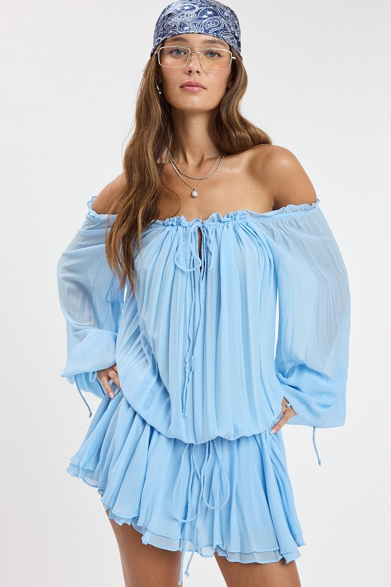 Fashion Baby Blue Off Shoulder Front Tie-Up Ruffle Mini Dress with Long Sleeve