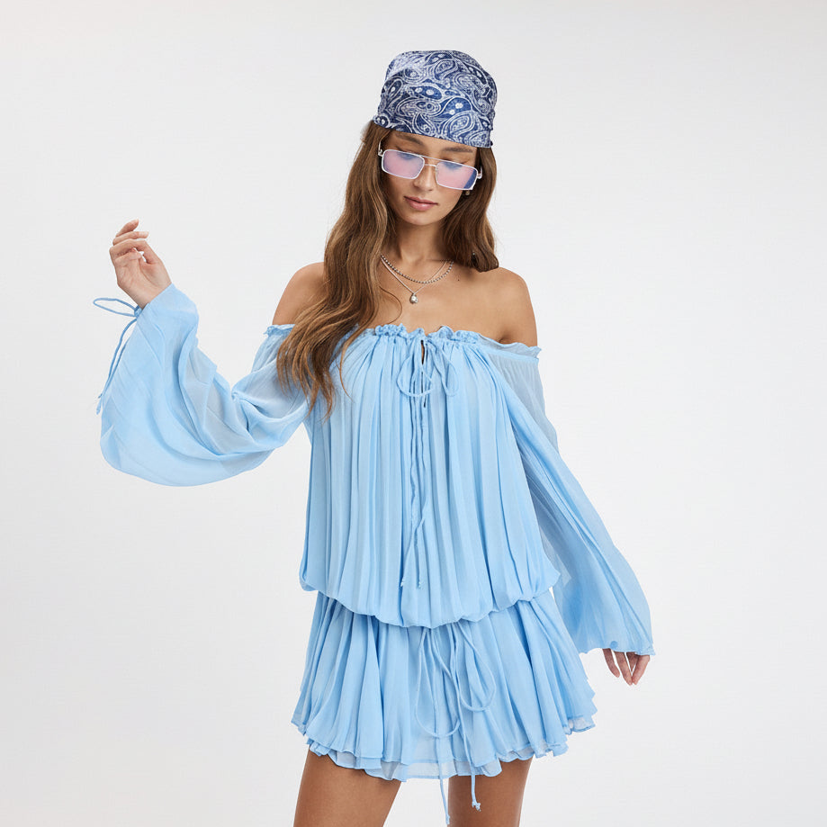 Fashion Baby Blue Off Shoulder Front Tie-Up Ruffle Mini Dress with Long Sleeve