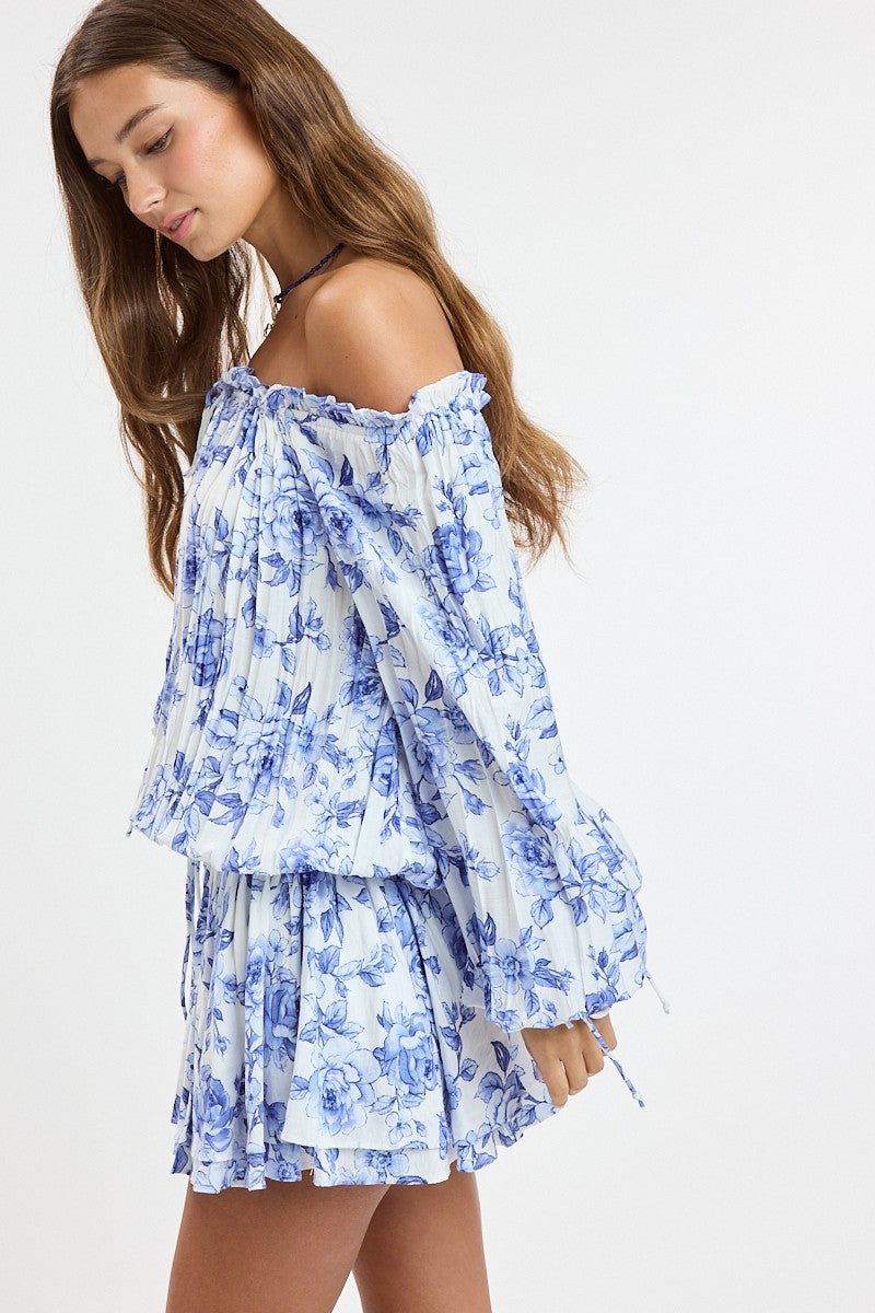 Fashion Summer Blue White Off Shoulder Floral Print Front Tie-Up Ruffle Mini Dress with Long Sleeve