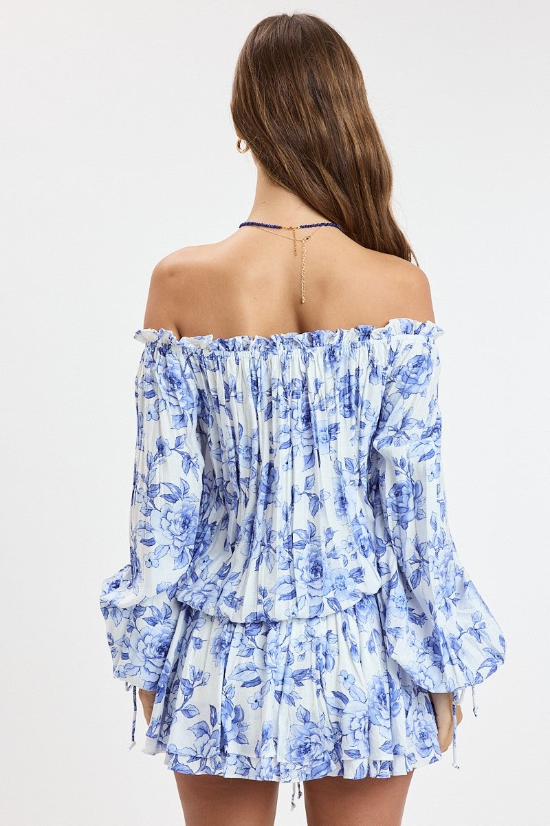 Fashion Summer Blue White Off Shoulder Floral Print Front Tie-Up Ruffle Mini Dress with Long Sleeve