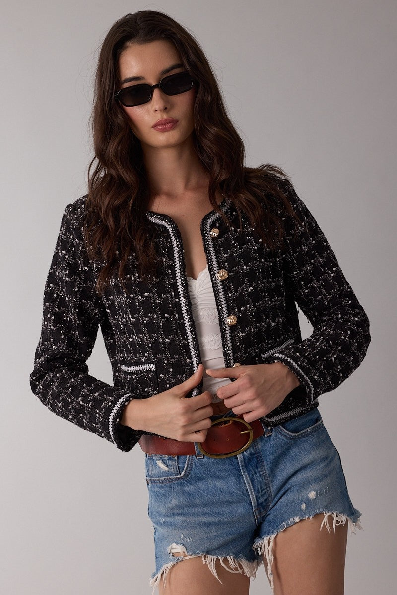 Elegant Black Multi-Color Textured Gold Detailed Crop Jacket