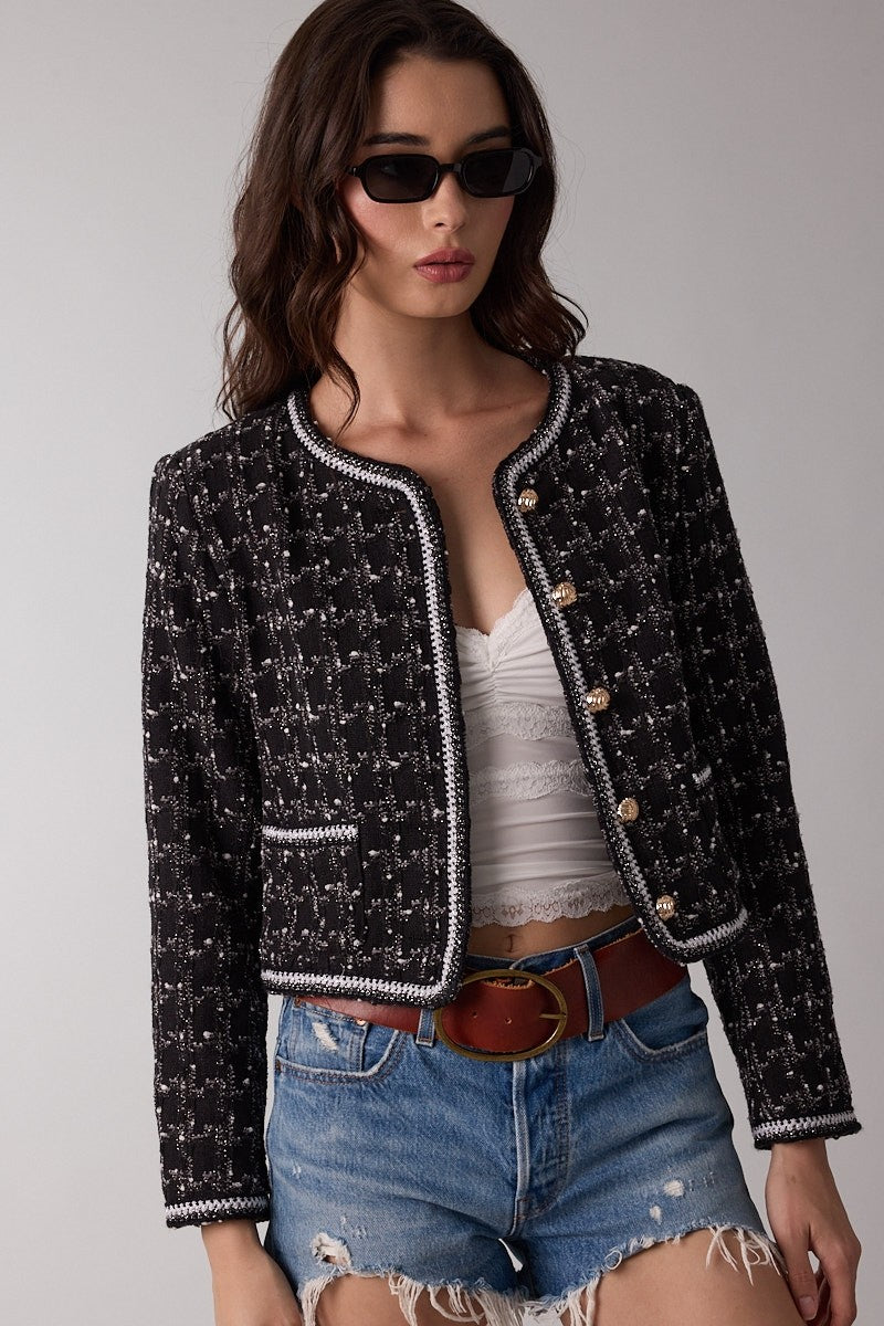 Elegant Black Multi-Color Textured Gold Detailed Crop Jacket
