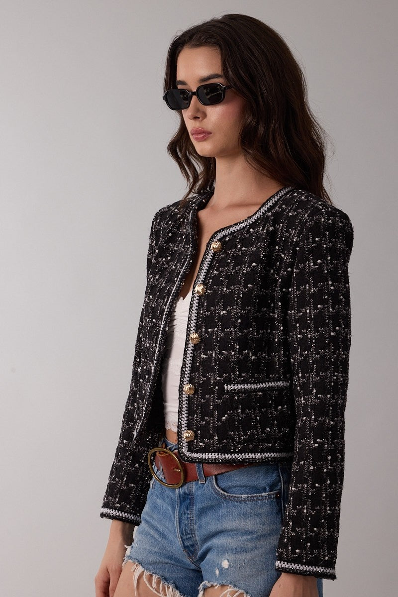 Elegant Black Multi-Color Textured Gold Detailed Crop Jacket