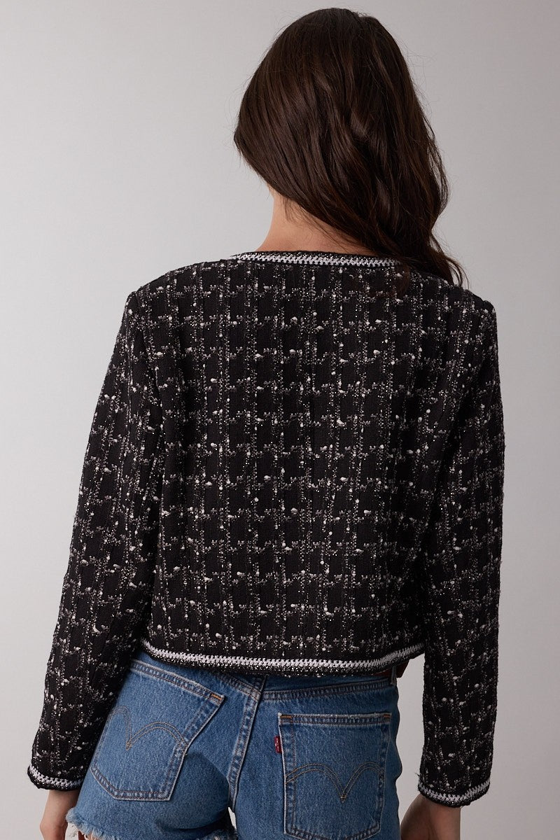 Elegant Black Multi-Color Textured Gold Detailed Crop Jacket
