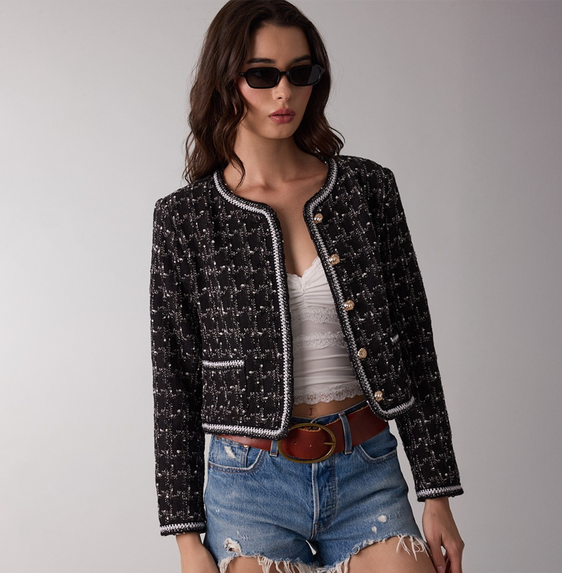 Elegant Black Multi-Color Textured Gold Detailed Crop Jacket