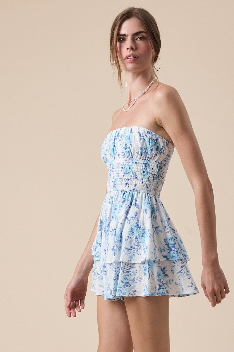 Fashion Summer Strapless Blue Floral Print Elastic Ruffle Layered Tube Romper