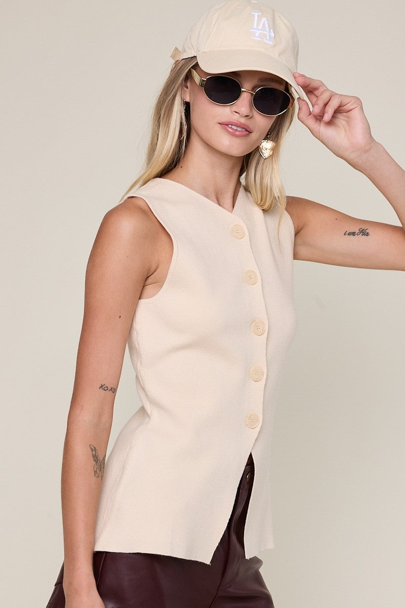 Fashion Beige Knit Button Down Sleeveless Vest Top