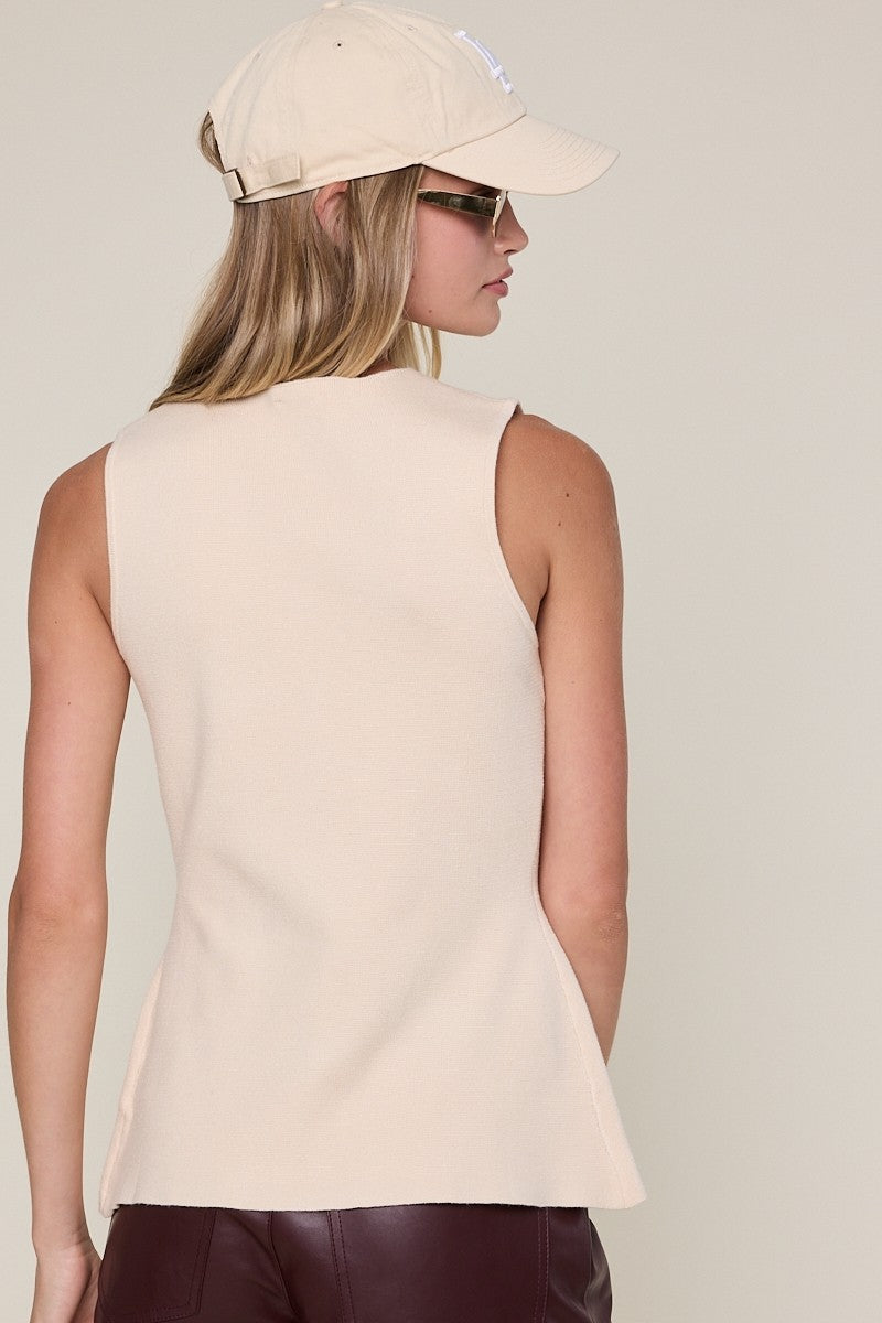 Fashion Beige Knit Button Down Sleeveless Vest Top