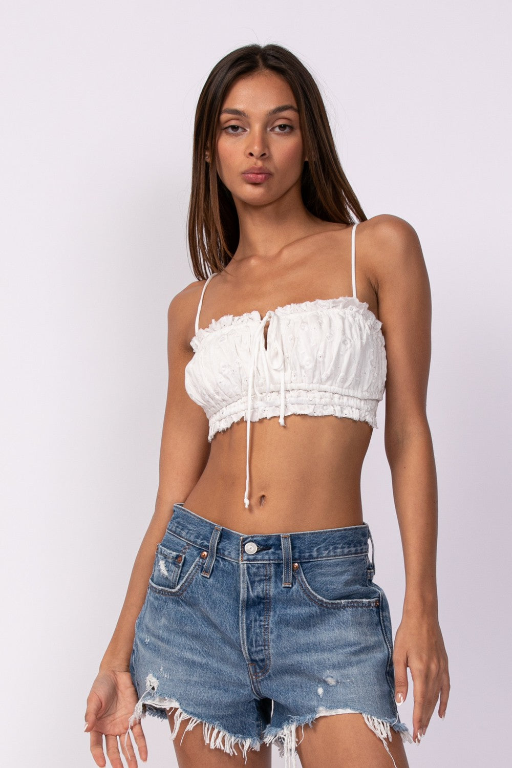 Fashion Strap White Front Tie-Up Floral Embroidery Ruffle Crop Top