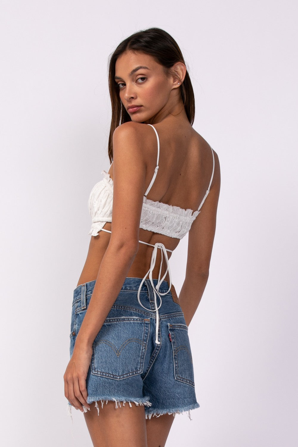 Fashion Strap White Front Tie-Up Floral Embroidery Ruffle Crop Top