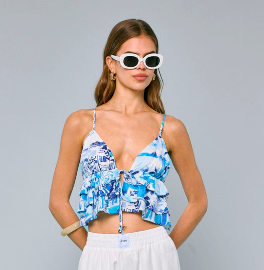 Fashion Summer Strap Blue Print Front Tie-Up Ruffle Crop Top