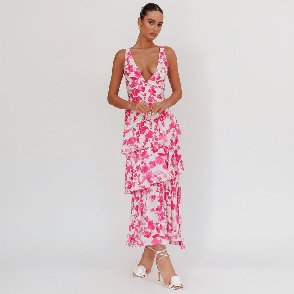 Fashion Strap Fuchsia Floral Print Deep V-Neck Ruffle Open Back Tie-Up Maxi Dress