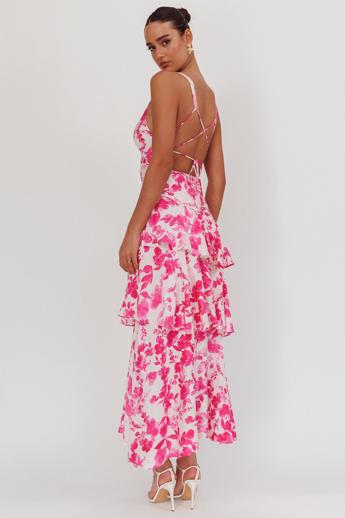 Fashion Strap Fuchsia Floral Print Deep V-Neck Ruffle Open Back Tie-Up Maxi Dress