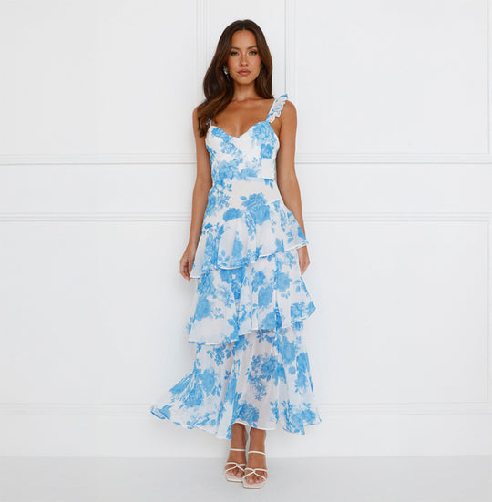 Elegant White Blue Band Detailed Floral Print Ruffle Layered Back Tie-Up Maxi Dress