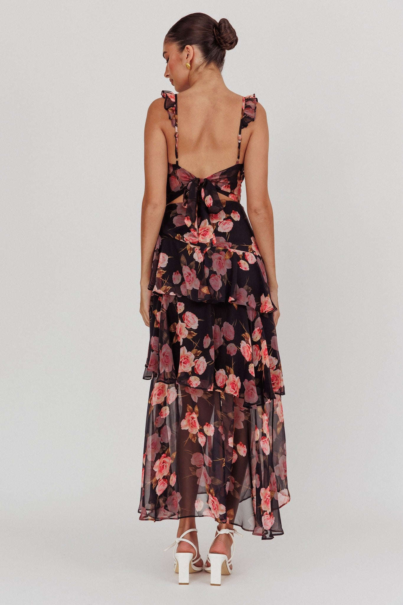 Elegant Band Detailed Black Pink Floral Print Ruffle Open Back Tie-Up Maxi Dress