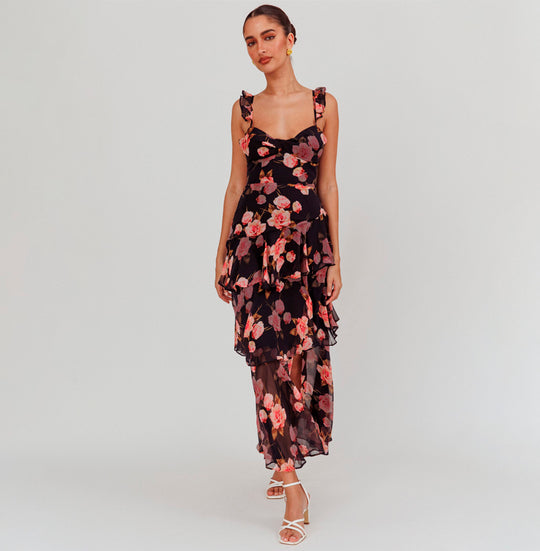 Elegant Band Detailed Black Pink Floral Print Ruffle Open Back Tie-Up Maxi Dress
