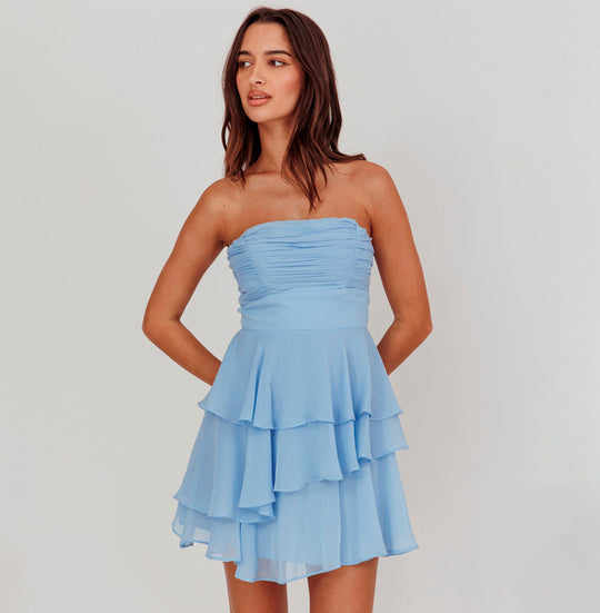 Fashion Strapless Blue Boning Detailed Corset Ruffle Layered Dress