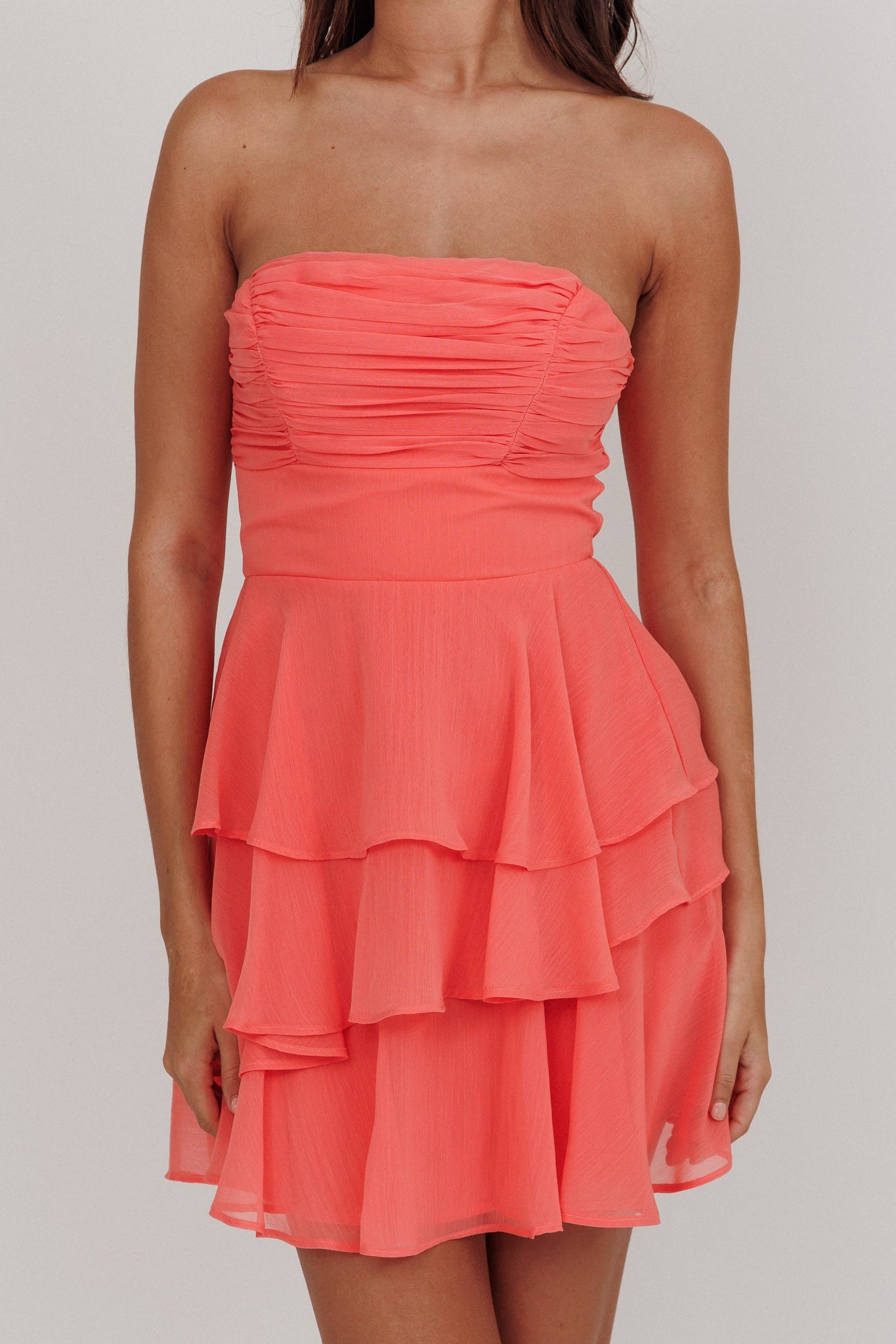 Fashion Strapless Peach Boning Detailed Corset Ruffle Layered Dress