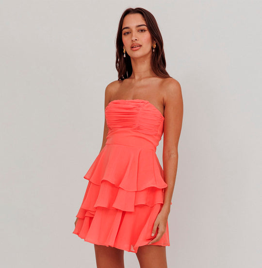 Fashion Strapless Peach Boning Detailed Corset Ruffle Layered Dress