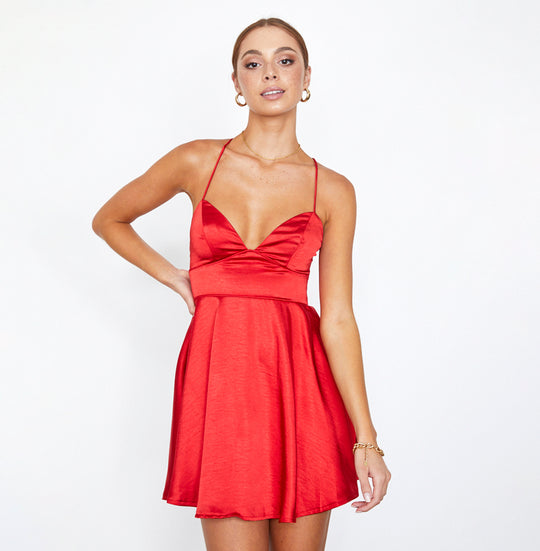 Elegant Strap Red Satin V-Neck Ruffle Dress Open Back Tie-Up