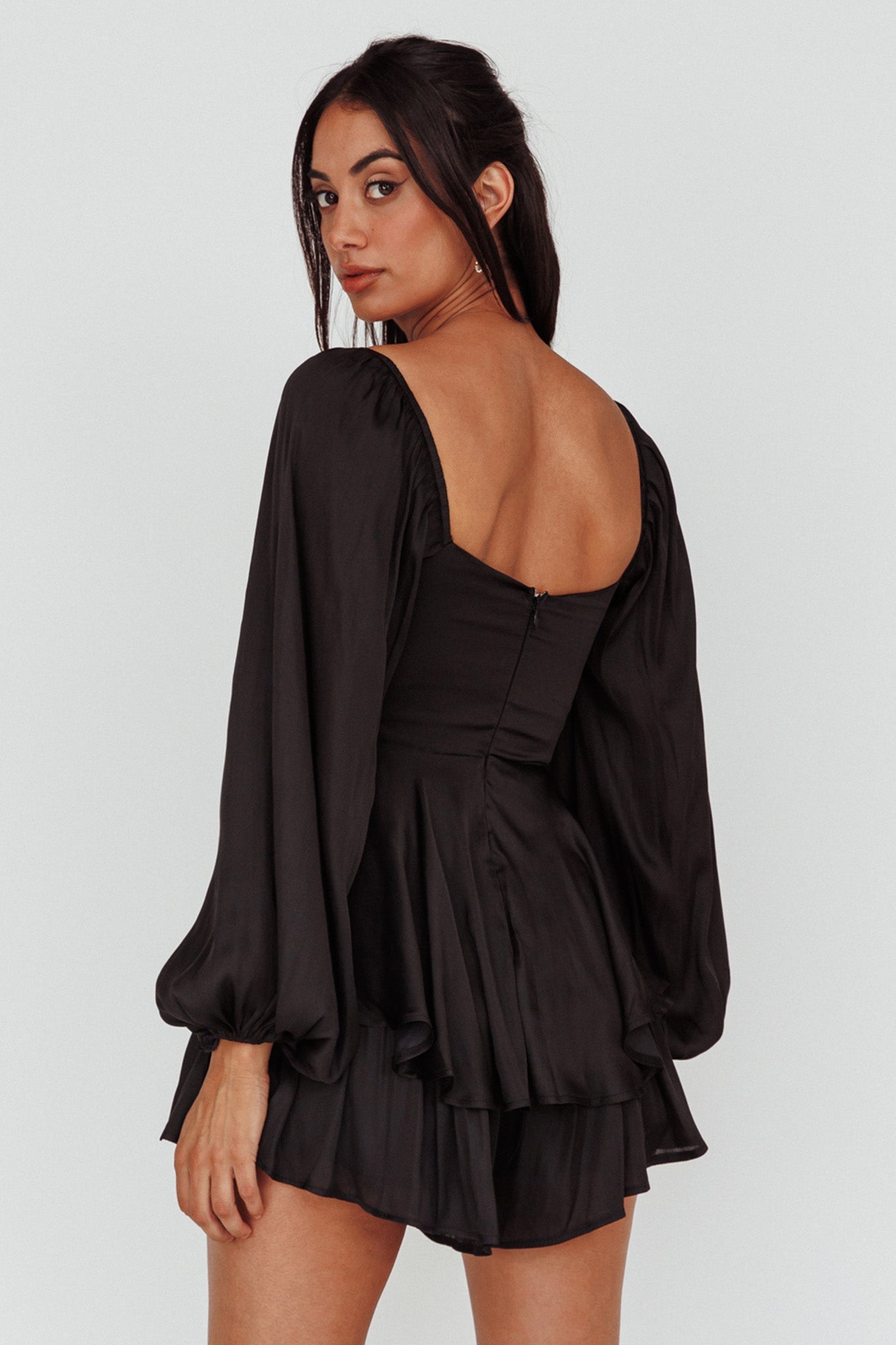 Elegant Off Shoulder Black Satin Ruffle Layered Romper with Bell Sleeve