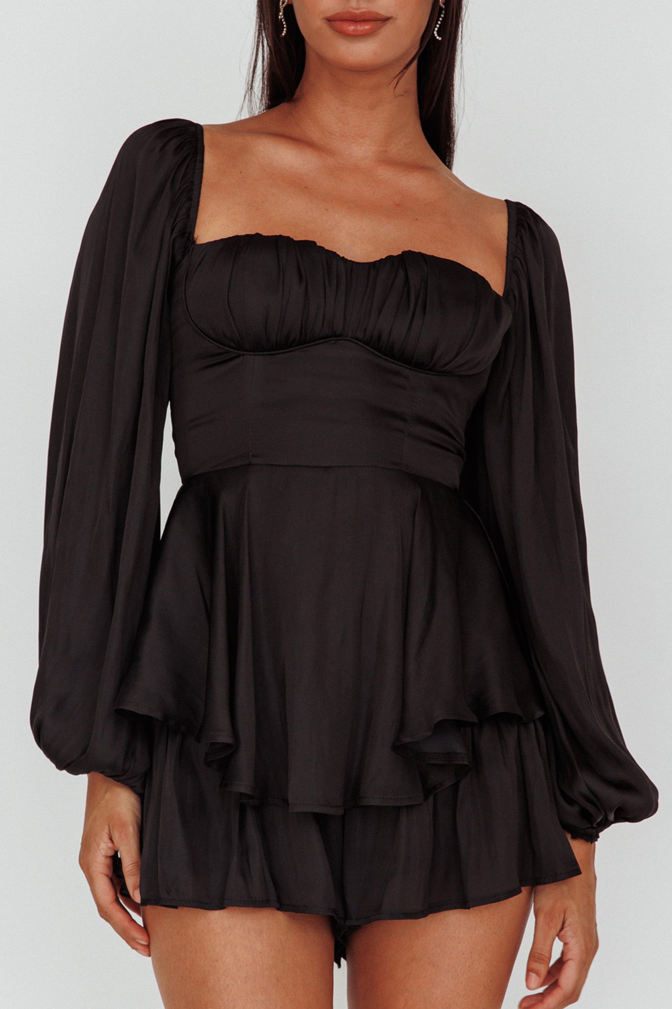 Elegant Off Shoulder Black Satin Ruffle Layered Romper with Bell Sleeve