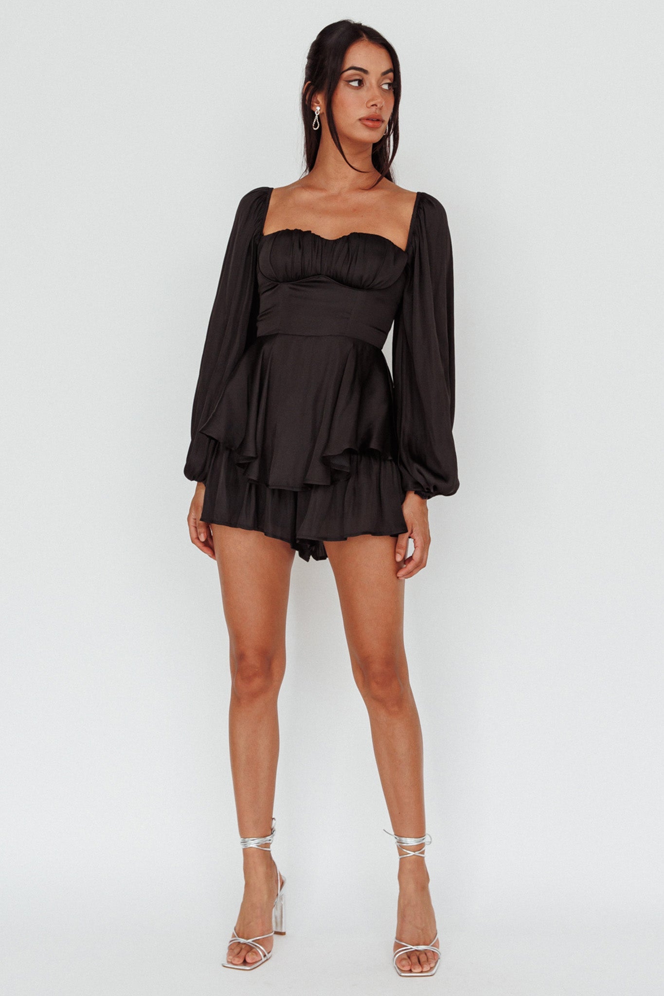 Elegant Off Shoulder Black Satin Ruffle Layered Romper with Bell Sleeve