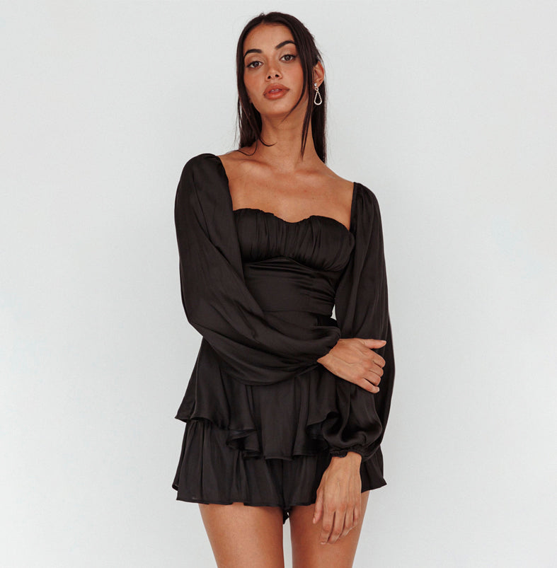 Elegant Off Shoulder Black Satin Ruffle Layered Romper with Bell Sleeve