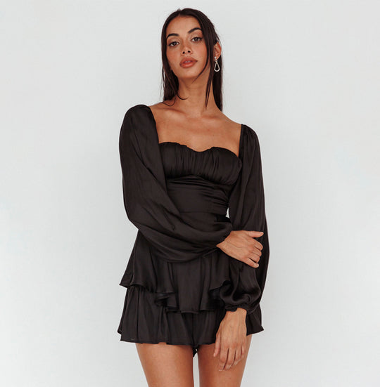 Elegant Off Shoulder Black Satin Ruffle Layered Romper with Bell Sleeve