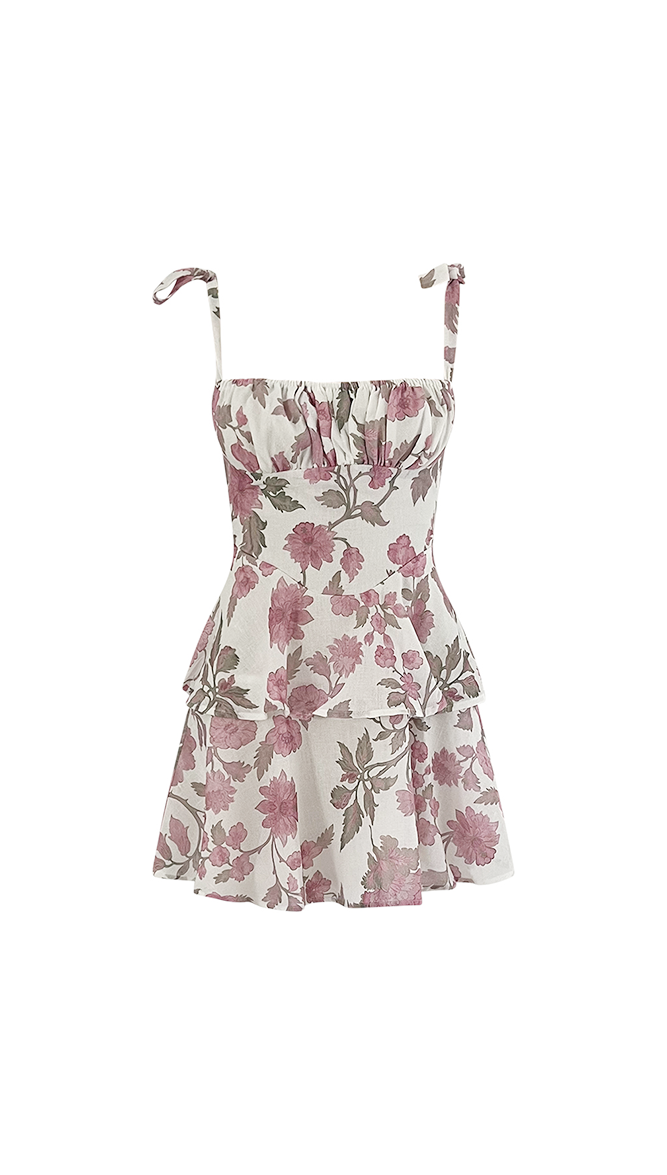 Fashion Summer Strap Tie-Up Pink Floral Print Ruffle Layered Dress