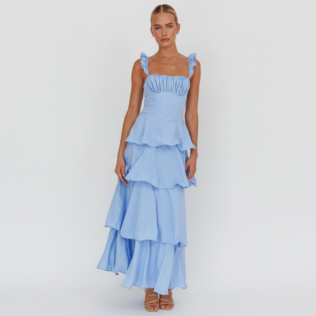 Elegant Strap Baby Blue Band Detailed Ruffle Layered Maxi Dress