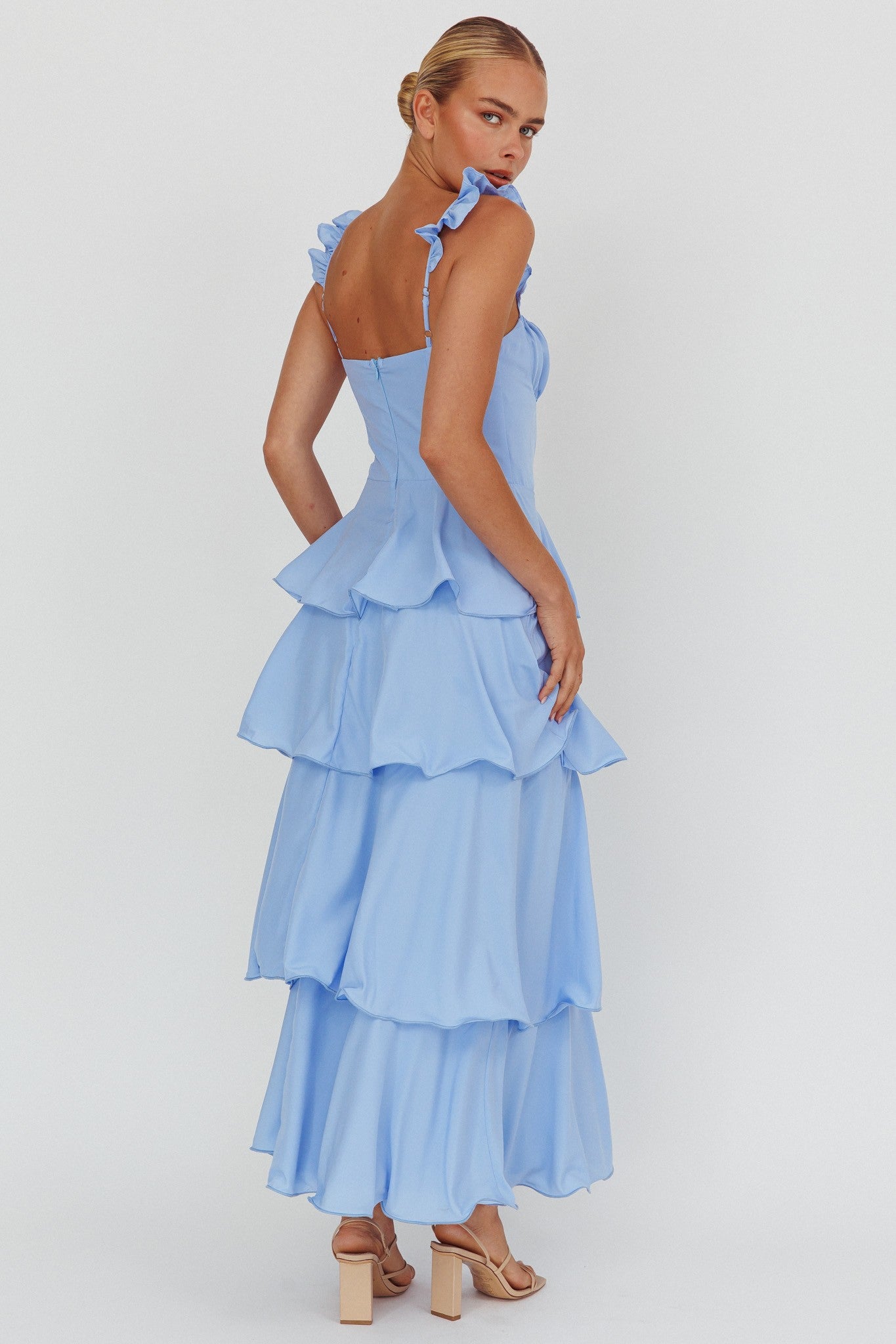 Elegant Strap Baby Blue Band Detailed Ruffle Layered Maxi Dress