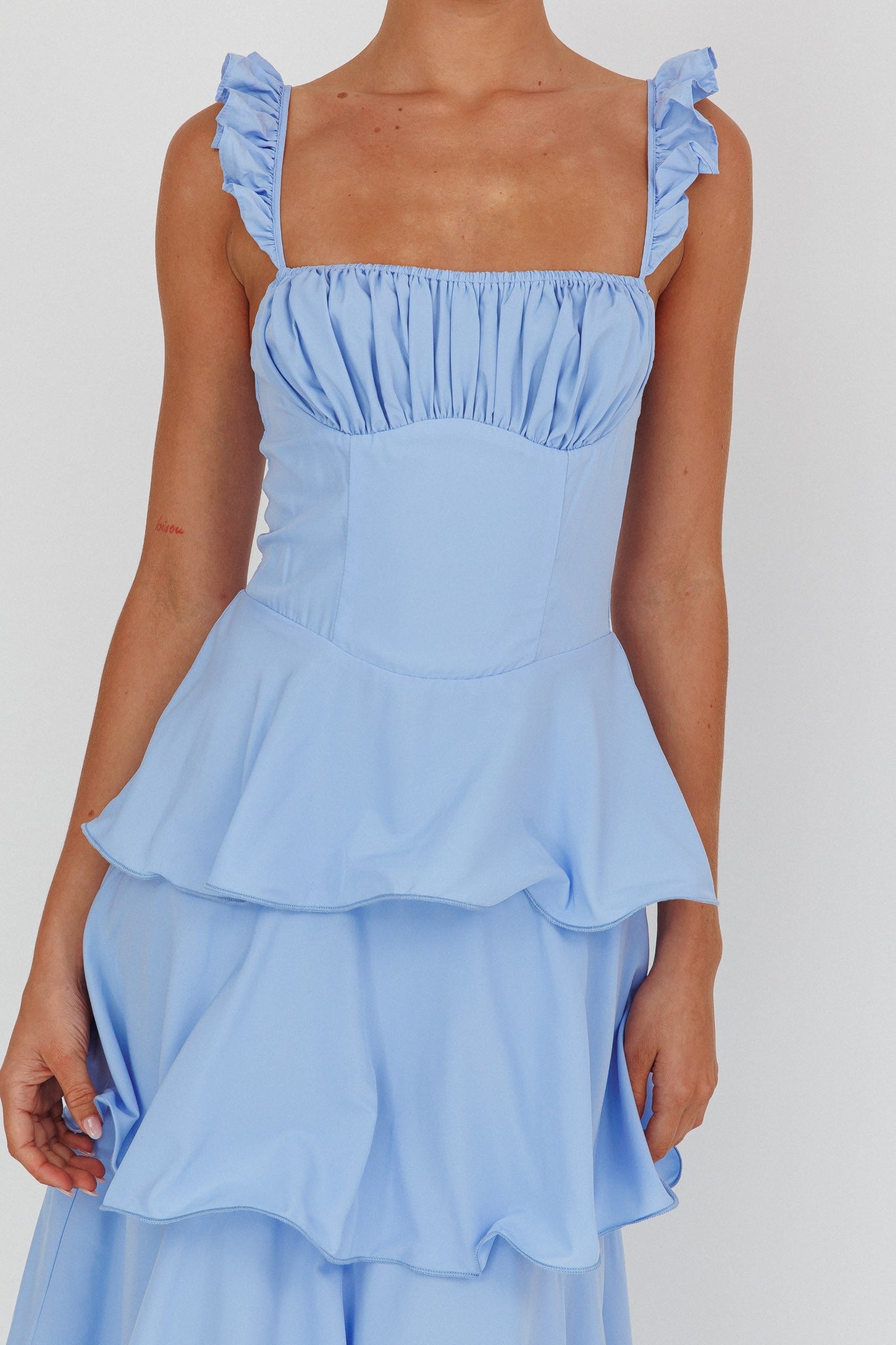 Elegant Strap Baby Blue Band Detailed Ruffle Layered Maxi Dress