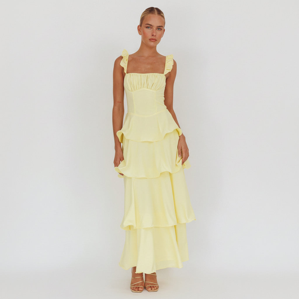Elegant Strap Lemon Band Detailed Ruffle Layered Maxi Dress