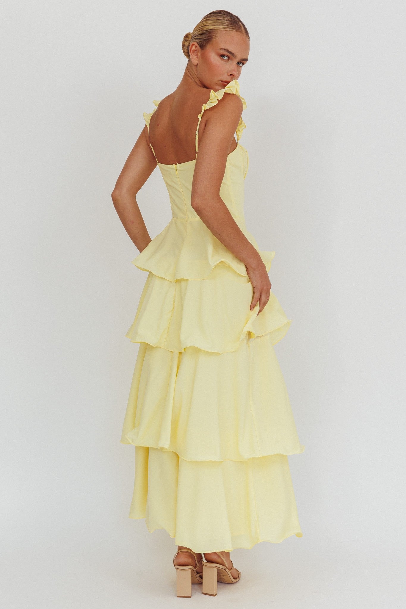 Elegant Strap Lemon Band Detailed Ruffle Layered Maxi Dress
