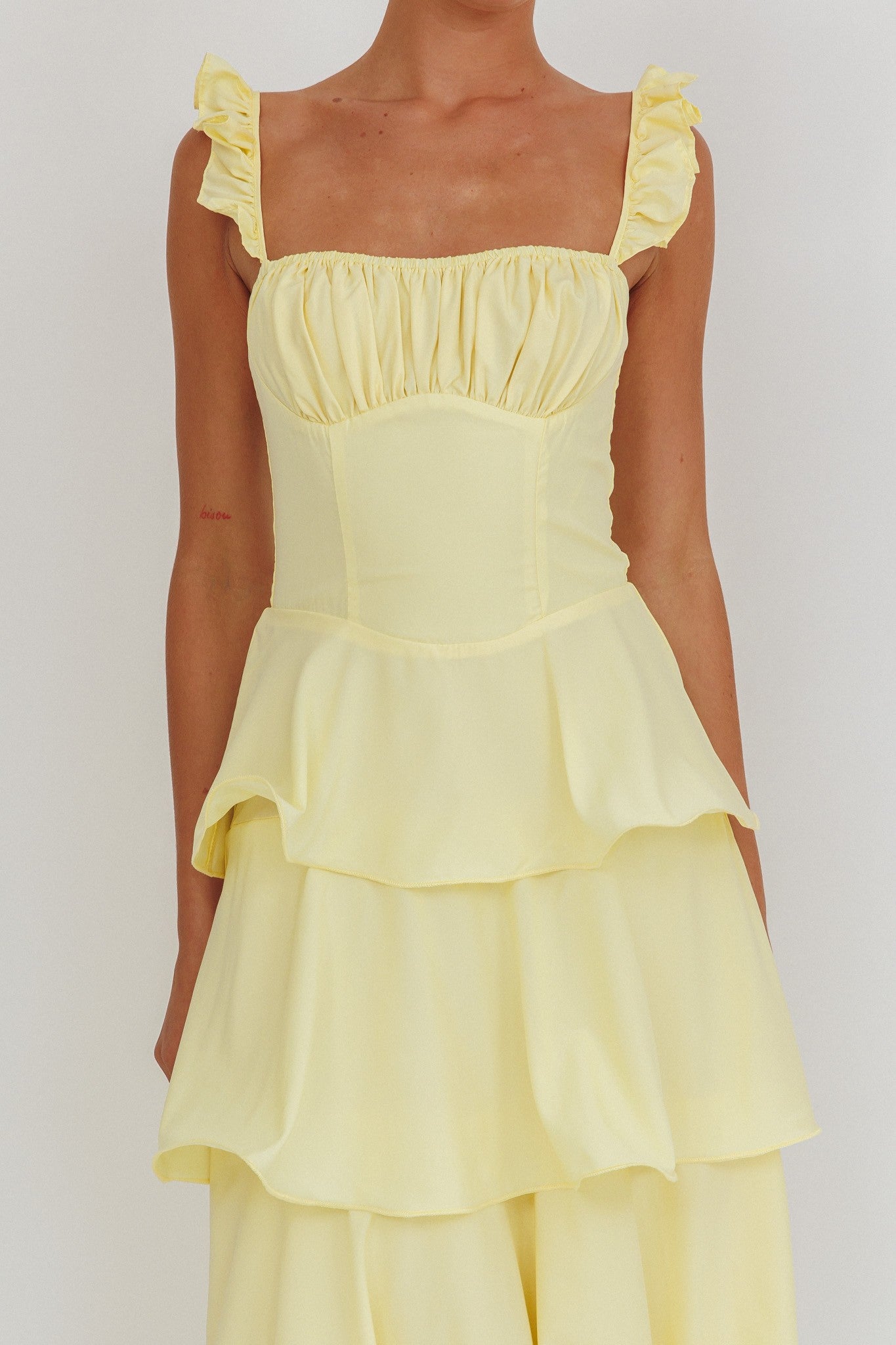 Elegant Strap Lemon Band Detailed Ruffle Layered Maxi Dress
