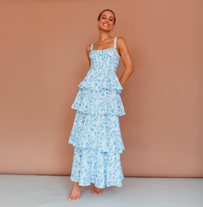 Fashion Strap White Blue Floral Print Ruffle Layered Back Tie-Up Maxi Dress