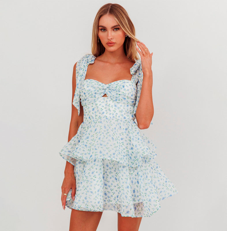 Fashion Strap Tie-Up Blue Floral Print Twist Detailed Ruffle Layered Dress