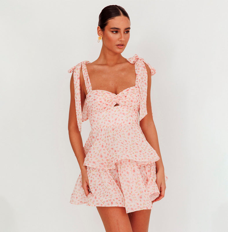 Fashion Strap Tie-Up Peach Floral Print Twist Detailed Ruffle Layered Dress