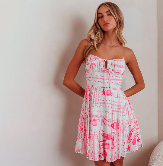 Fashion Strap Neon Pink Print Tie-Up Ruffle Mini Dress