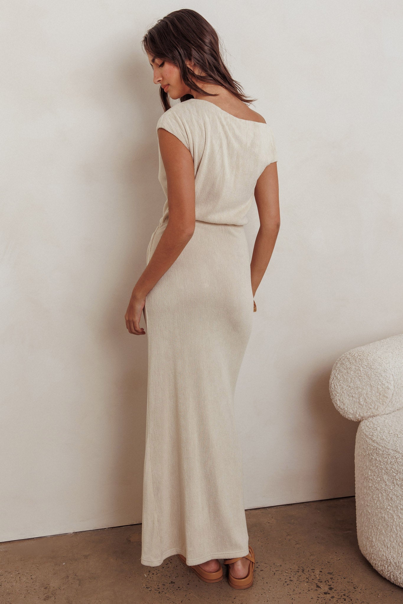 Elegant Oat Sweater Knit Asymmetrical Neck Maxi Dress