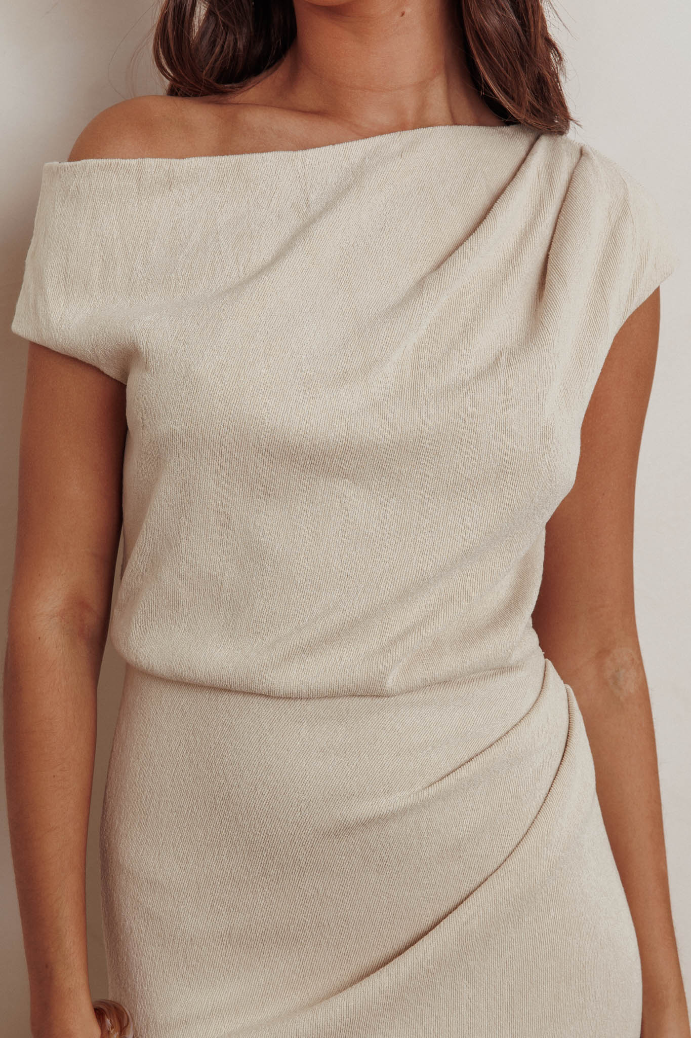 Elegant Oat Sweater Knit Asymmetrical Neck Maxi Dress